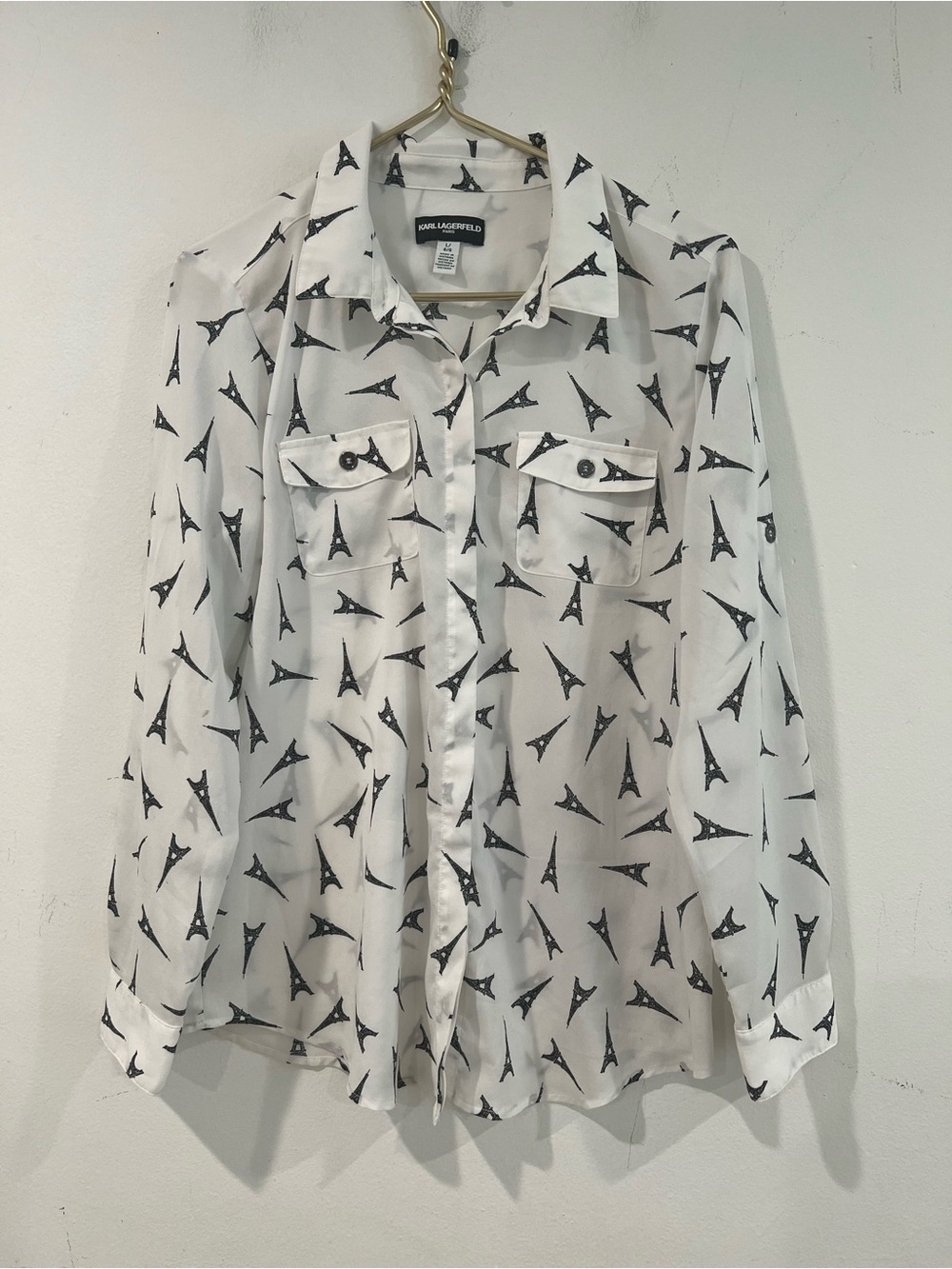 Karl Lagerfeld White Blouse with Black Eiffel Tower Motif L
